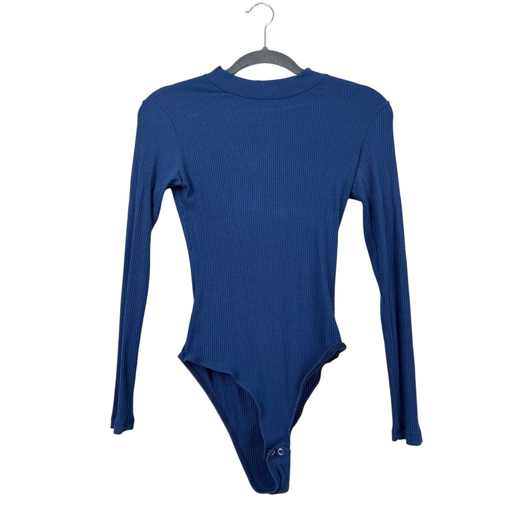 Farm Rio Womens XS Navy Blue Viscose Ribbed Mock Neck Long Sleeve Bodysuit
